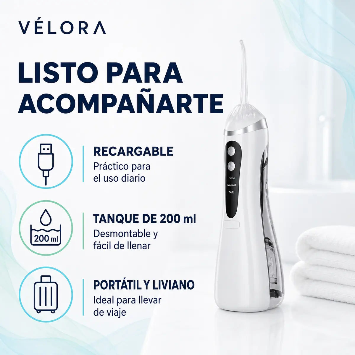 Irrigador Velora - liviano, portátil y recargable