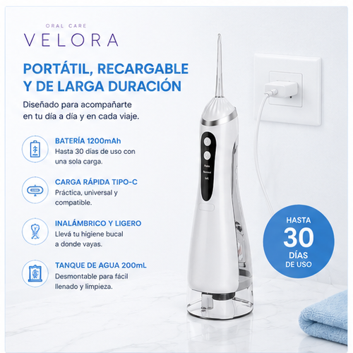 Irrigador Dental Portátil Velora - carga rápida USB-C