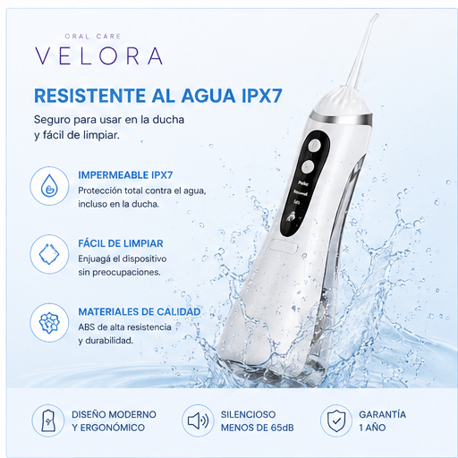 Irrigador Dental Portátil Velora - resistente al agua IPX7