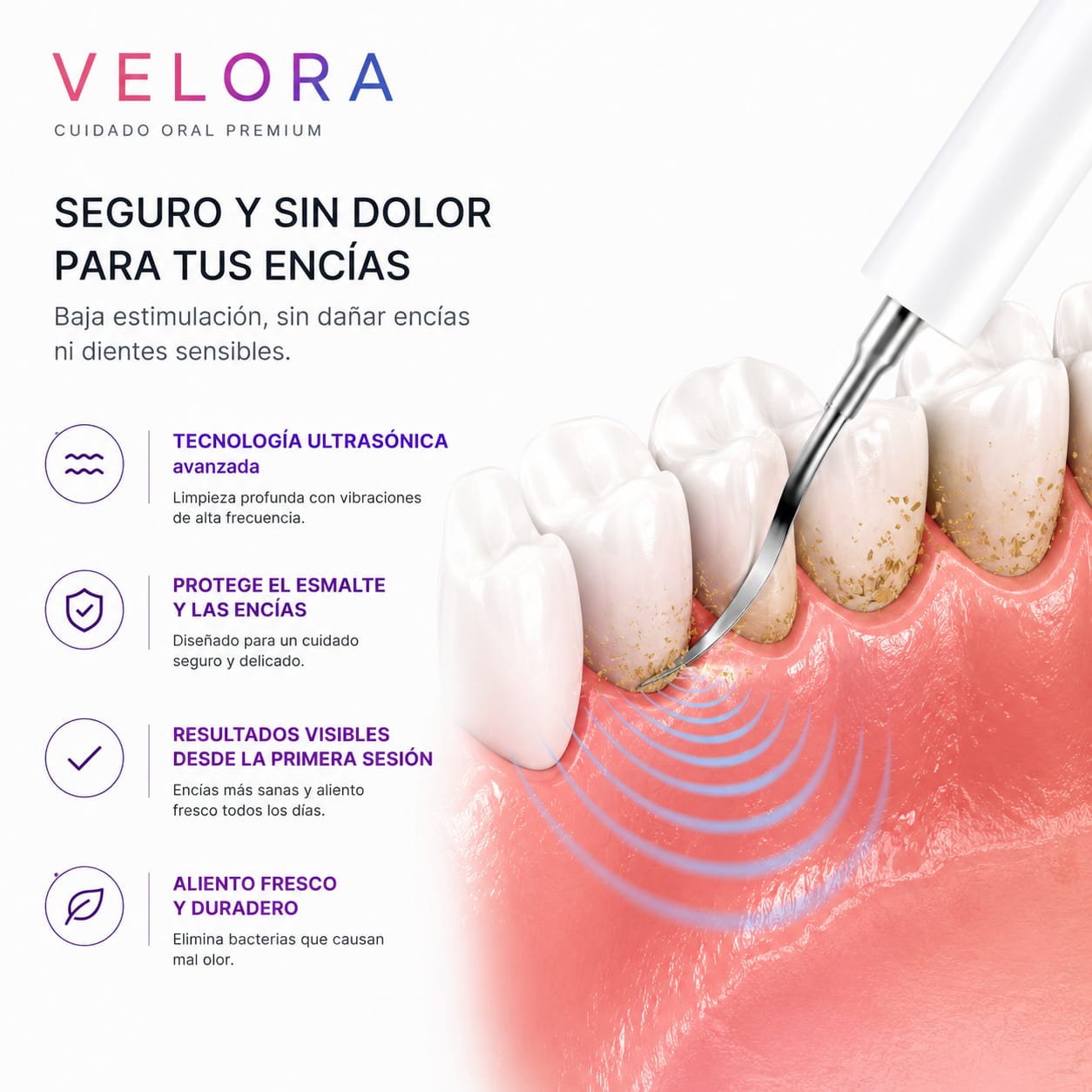 Limpiador Ultrasónico Velora - seguro para encías