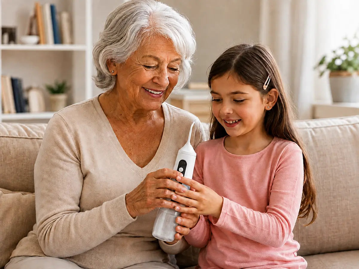 Abuela y nieta descubriendo juntas el irrigador dental Velora